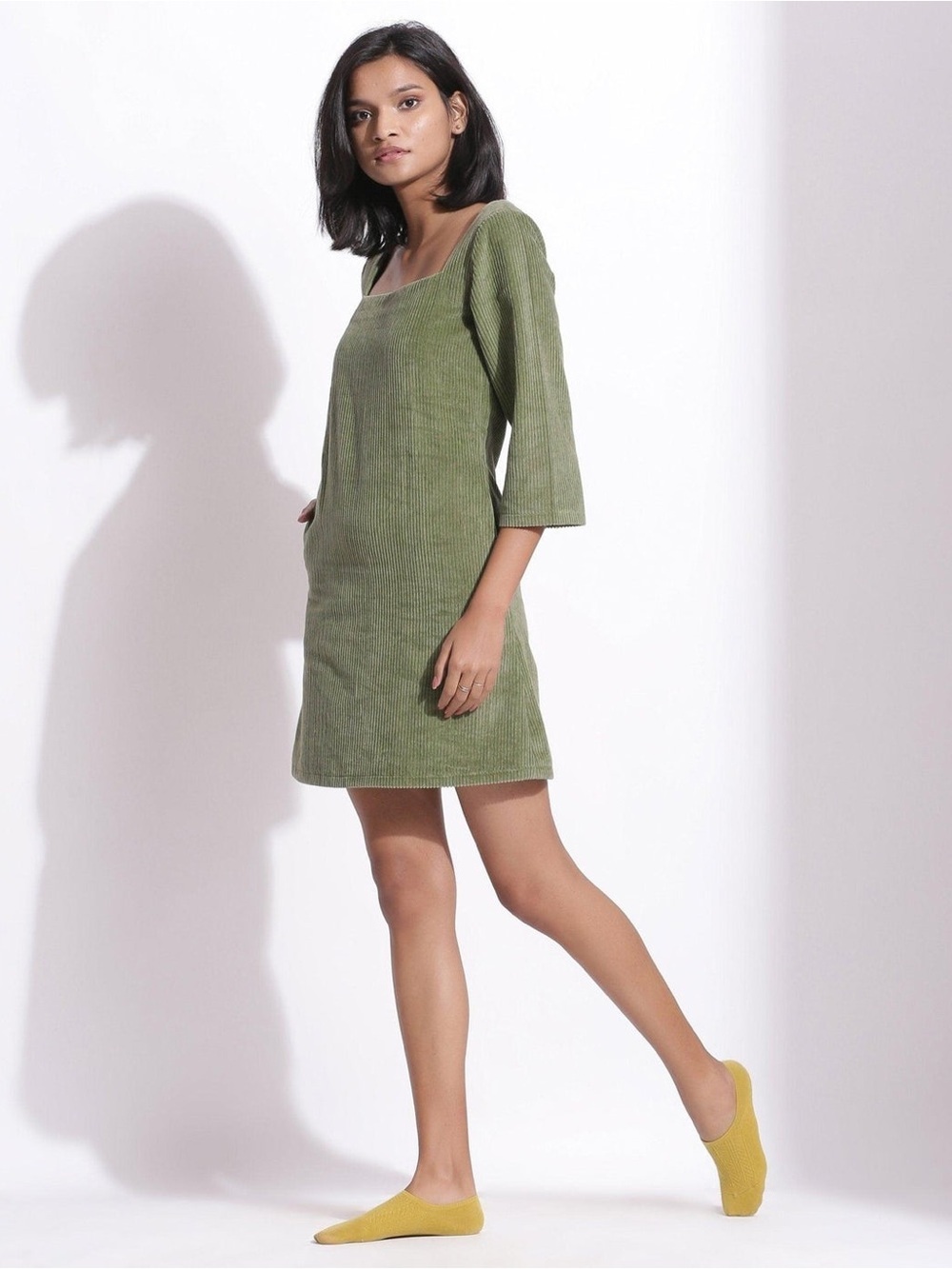 NWT SeamsFriendly Sage Green Square-Neck Cotton Mini Shift Dress Corduroy Sz 38R - Picture 3 of 14